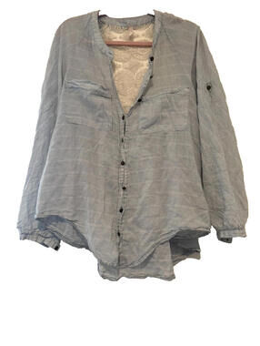 Free People sz M blue/white stripe lace boho cotton blouse buttons #3286